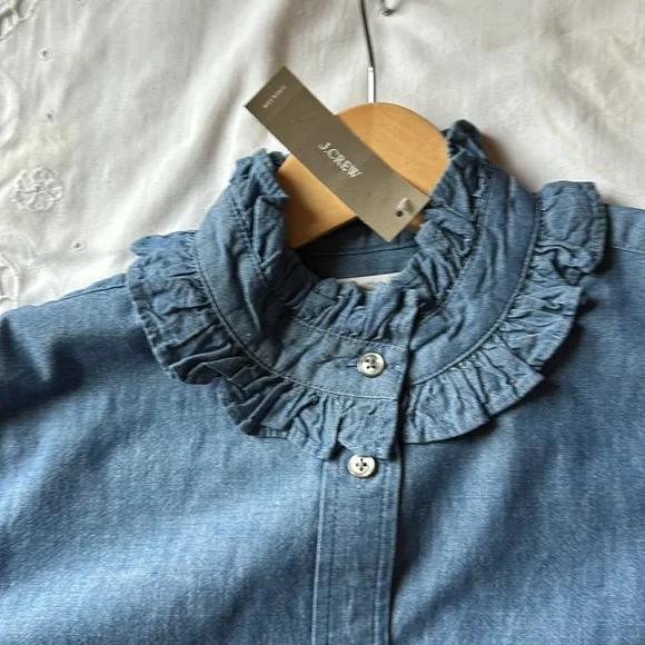I Crew denim blouse with ruffled collar and sleeves. - Picture 3 of 5